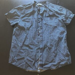 Kenneth Cole Reaction Short-Sleeve Button-Down Navy Blue White Shirt Mens Large